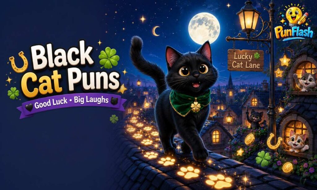 Funny black cat puns illustration with lucky black cat