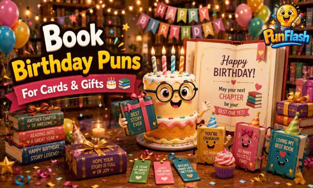 Book birthday puns with books, gifts, and a birthday cake.