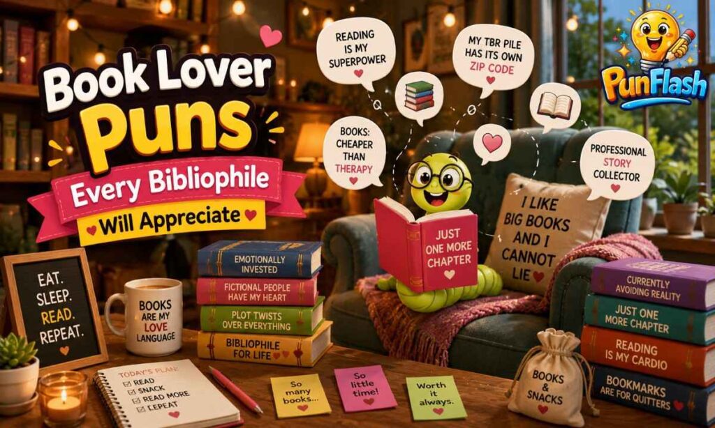 Cute book lover puns image with a smiling bookworm, cozy reading corner, stacked books, and funny bibliophile quotes.