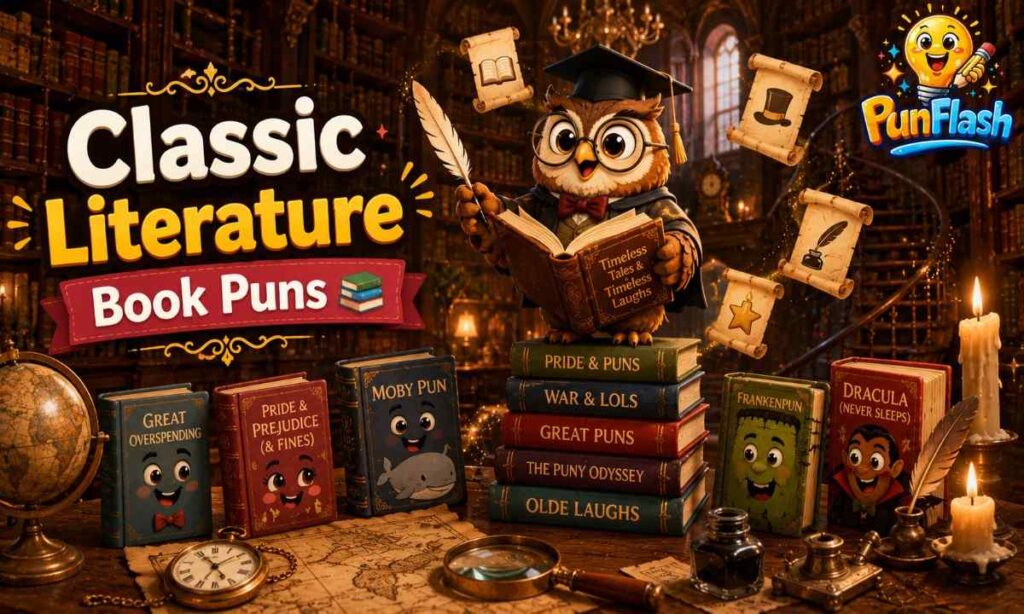 Funny classic literature book puns illustration in a Victorian library.