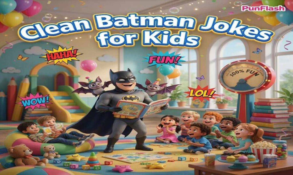 Cartoon classroom with a masked superhero sharing clean Batman jokes for kids.