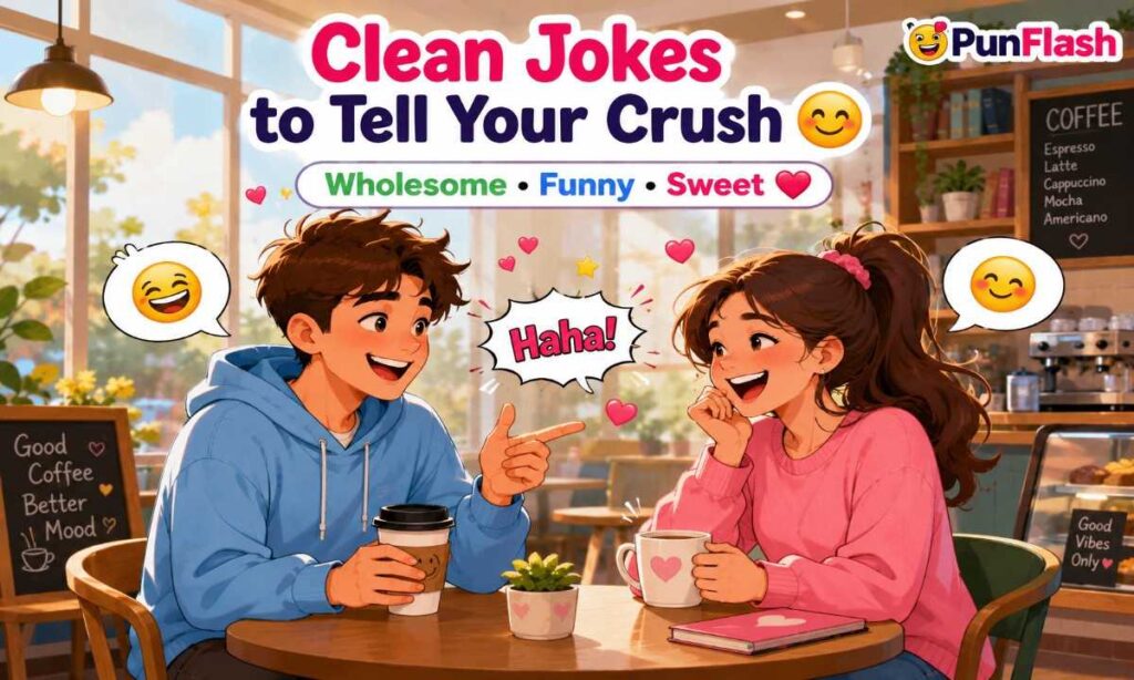Cartoon illustration of two teenagers laughing together while sharing clean jokes in a cozy coffee shop.