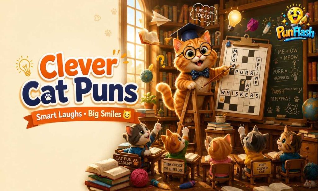 Clever cat puns library illustration with cartoon cat