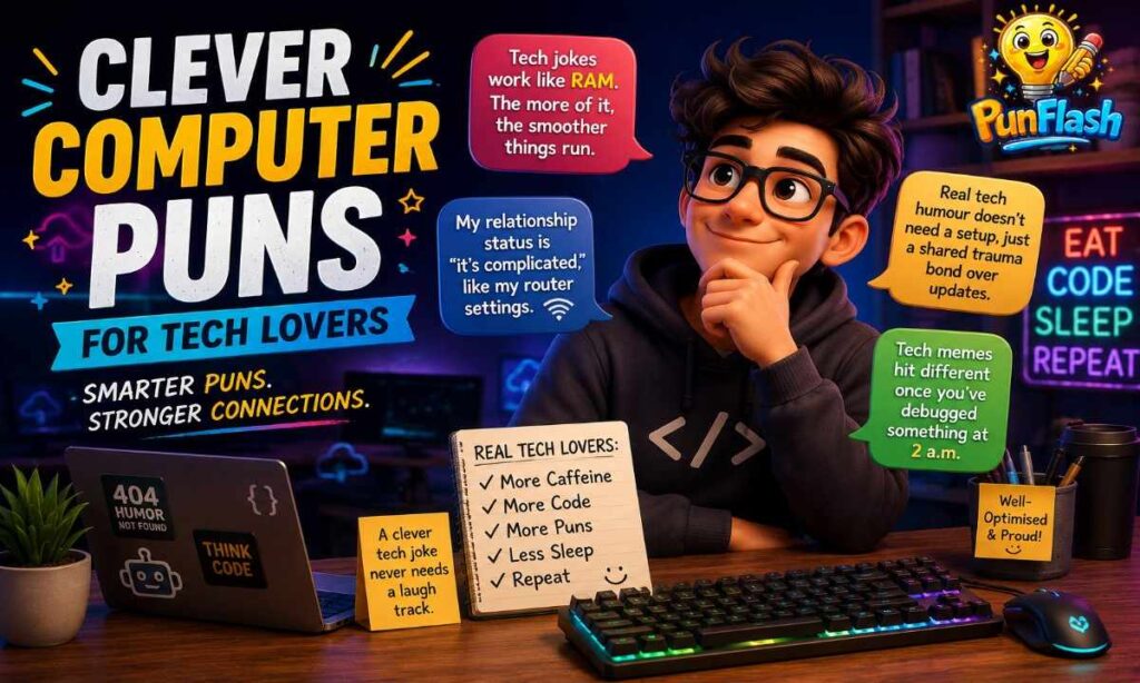 3D illustration of a tech lover with laptop, keyboard, coding setup, and clever computer puns in a modern workspace.