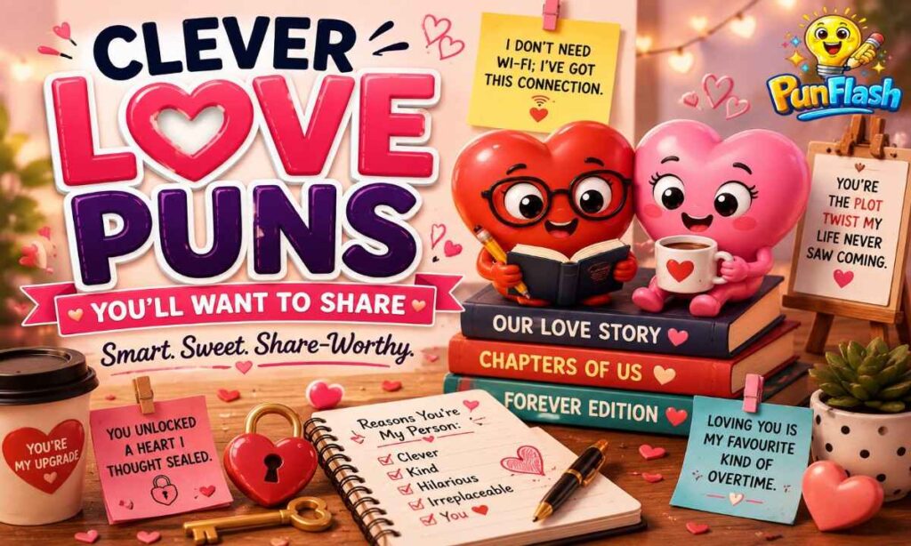 Cute cartoon hearts sharing clever love puns