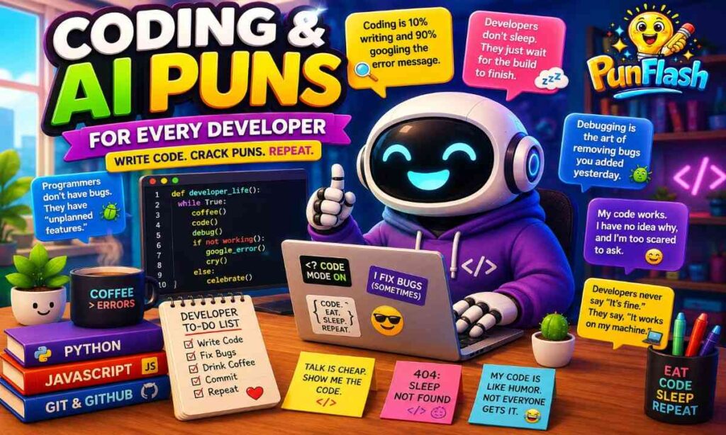 Funny coding and AI puns illustration