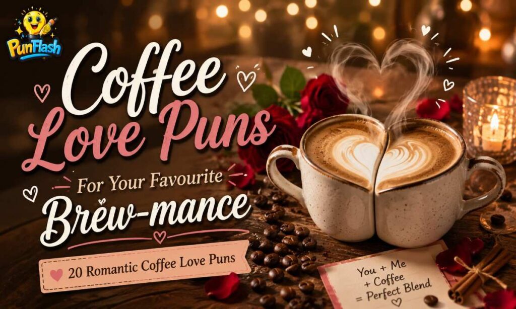 Coffee love puns with romantic latte art and coffee cups