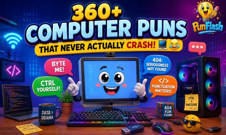 Cute 3D cartoon computer with keyboard, mouse, and funny computer puns in a colorful tech workspace.