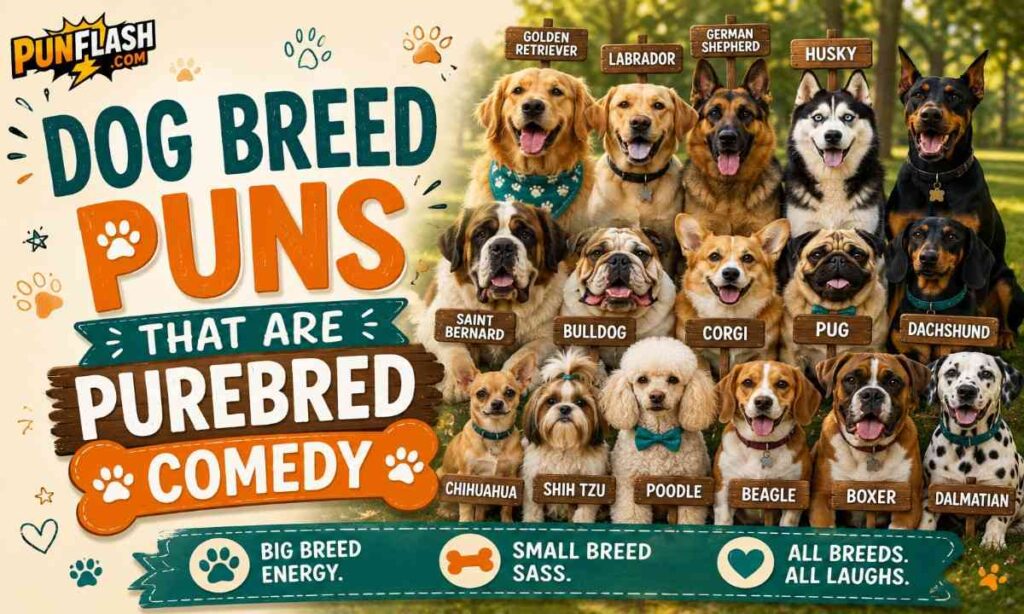 Happy dog breeds including Golden Retriever, Labrador, German Shepherd, Husky, Corgi, Beagle, Pug, Bulldog, Dachshund, Boxer, and Dalmatian featured in a funny dog breed puns illustration.