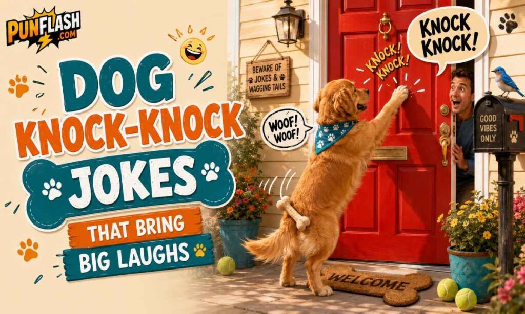 Golden Retriever knocking on a front door with a dog bone for funny dog knock-knock jokes and canine humor.
