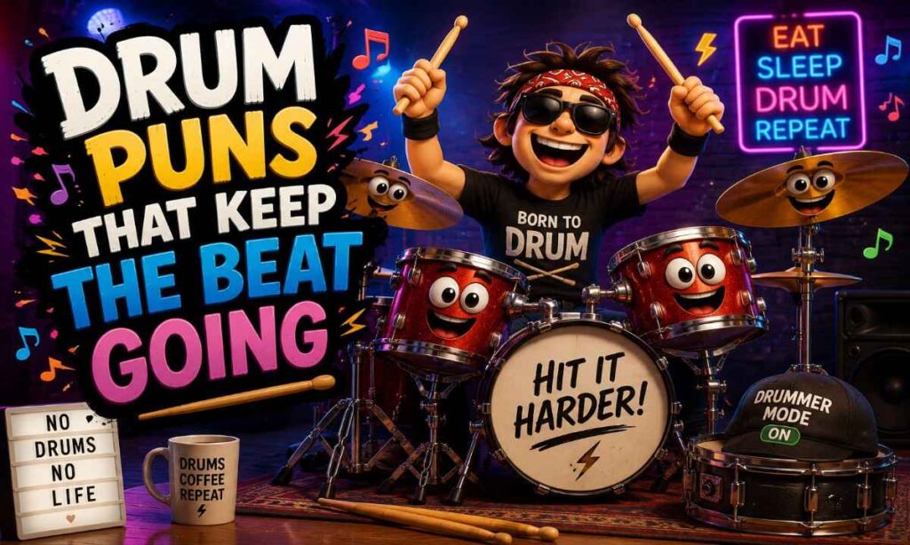 Funny drum puns with cartoon drum kit