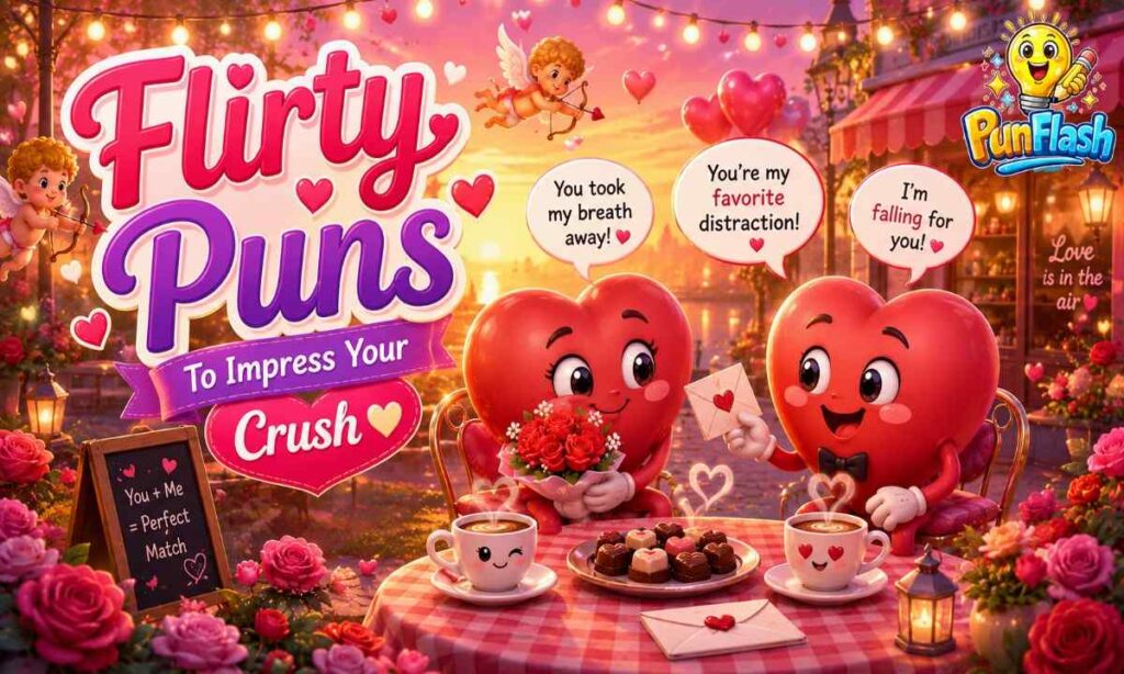 Flirty puns cartoon with cute heart couple, roses, coffee, love notes, and romantic crush jokes