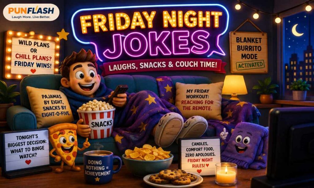 Friday night jokes cartoon with cozy weekend fun and snacks.