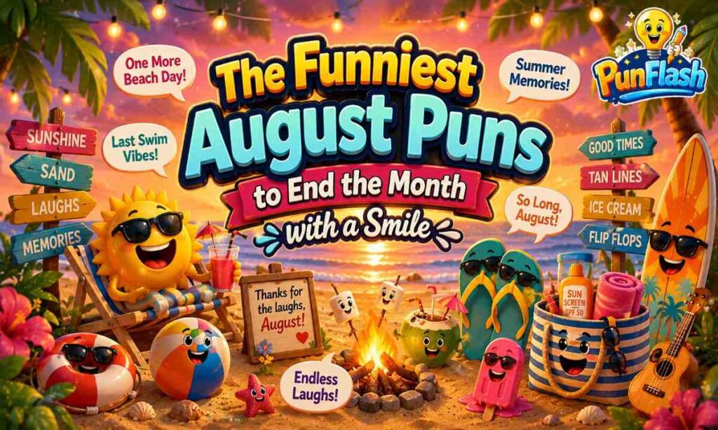 The funniest August puns cartoon with beach sunset and end-of-summer fun.