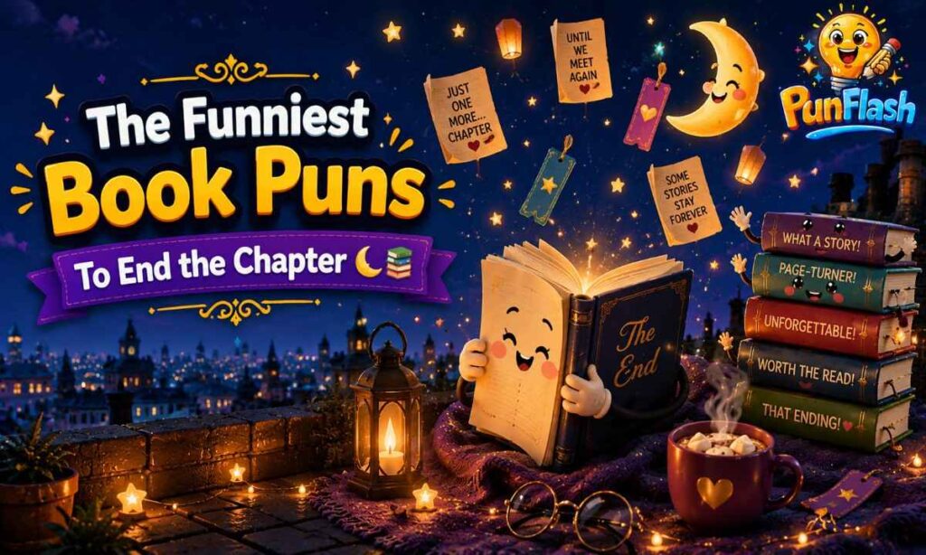 Funny book puns ending with a smiling book under a moonlit sky.