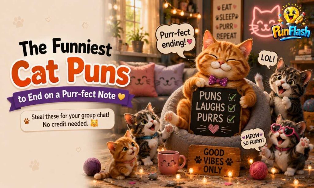 Funniest cat puns ending cartoon cat illustration