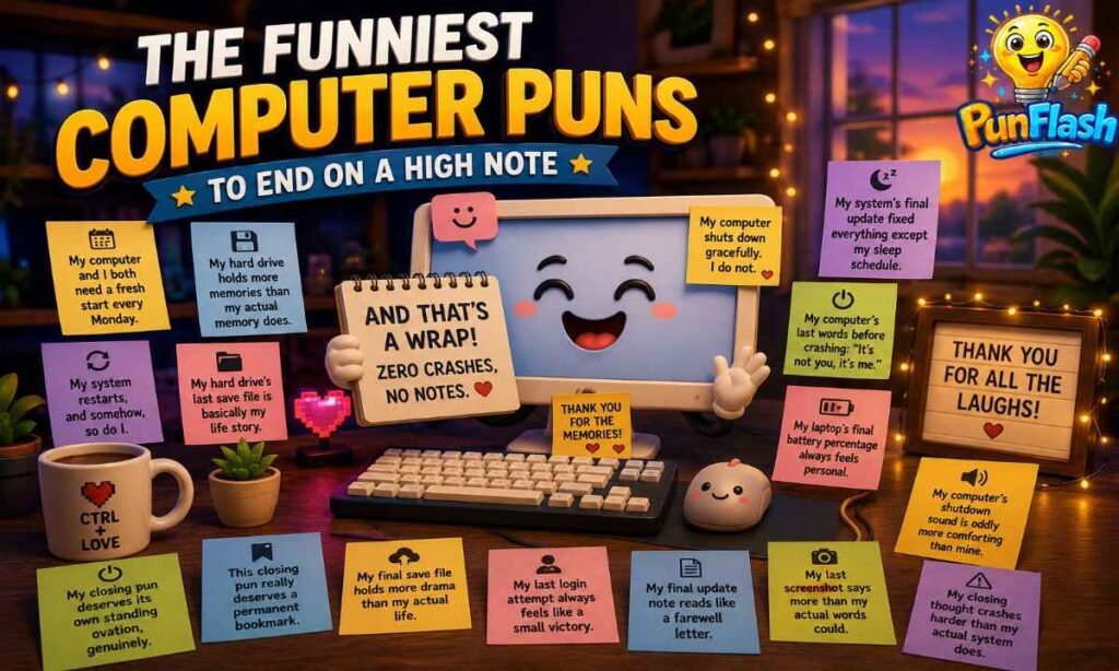 Cute 3D cartoon computer with keyboard, mouse, and funny computer puns ending in a cozy tech workspace with humorous sticky notes.