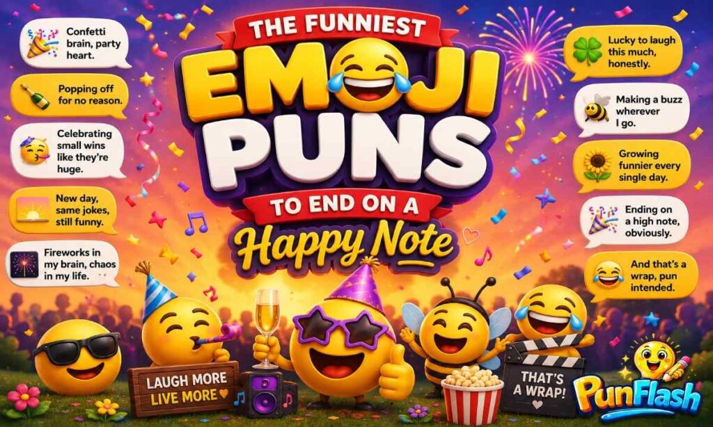Funny emoji puns finale with party emojis and celebration theme