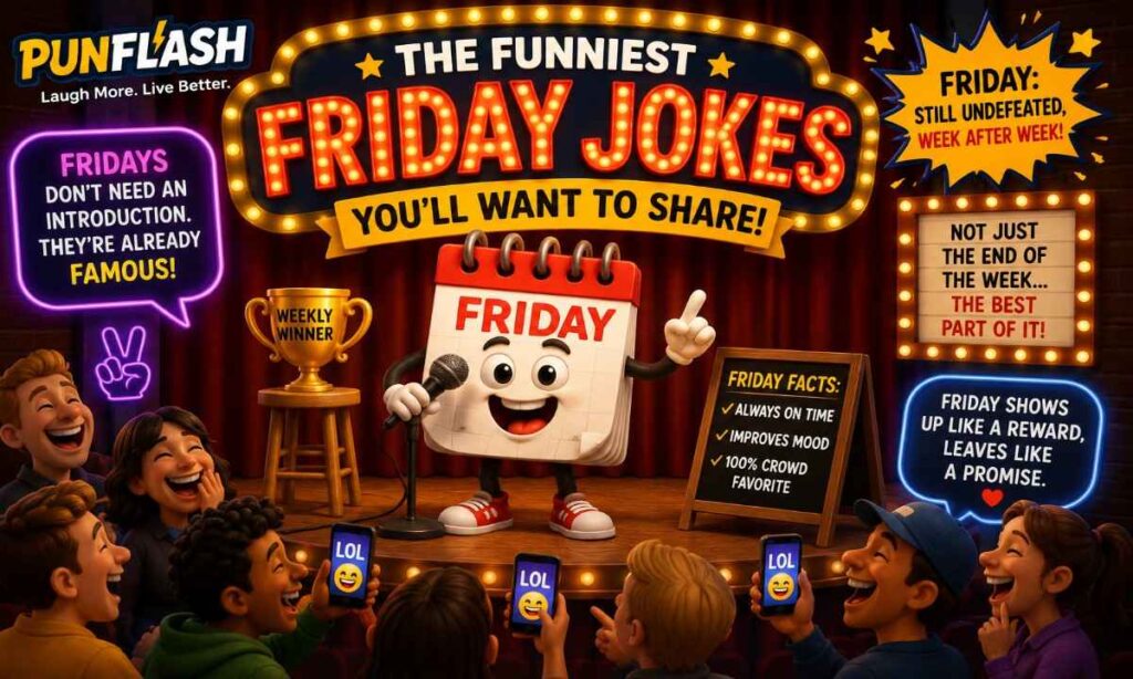 Funniest Friday jokes cartoon with comedy stage and weekend laughs.