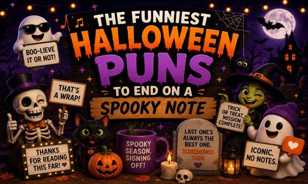 Funny Halloween puns with ghosts, skeleton, witch, and black cat