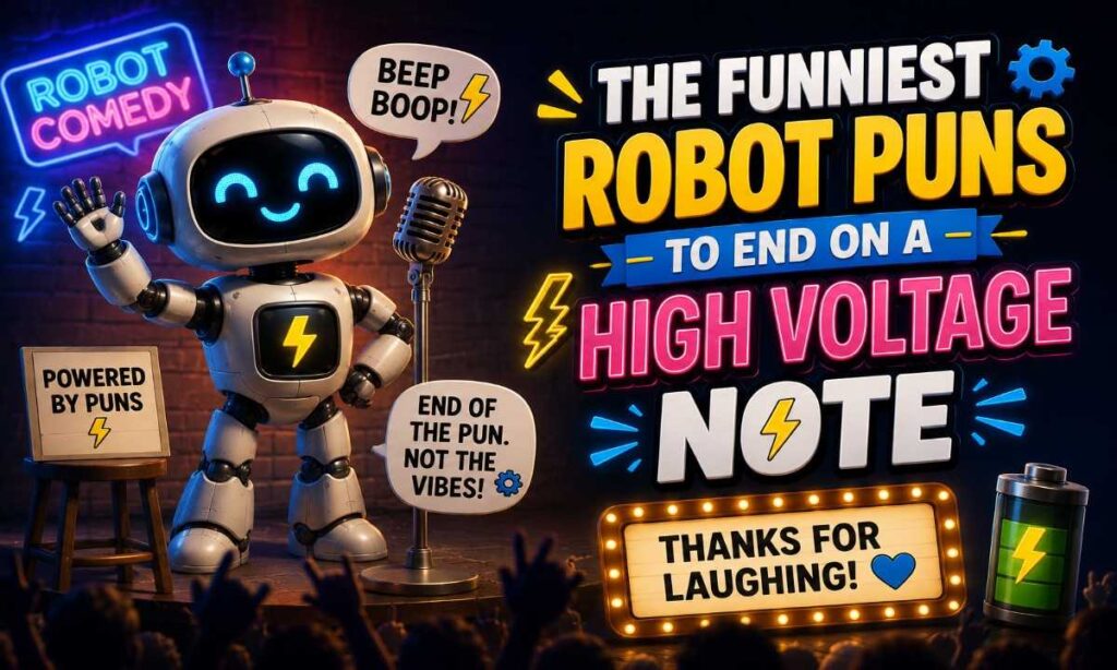 Funny robot performing robot puns on stage