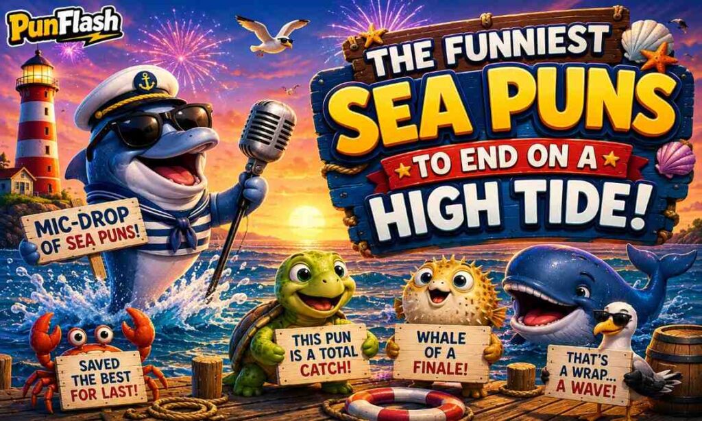 Funny sea puns finale with ocean animals celebrating at sunset