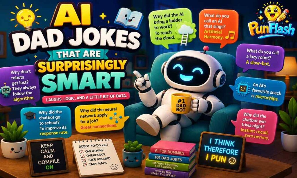 Funny AI dad jokes robot illustration