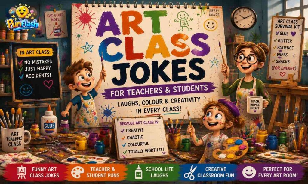 Cartoon art classroom with happy teacher, creative students, paint supplies, easels, and funny art class jokes illustration.