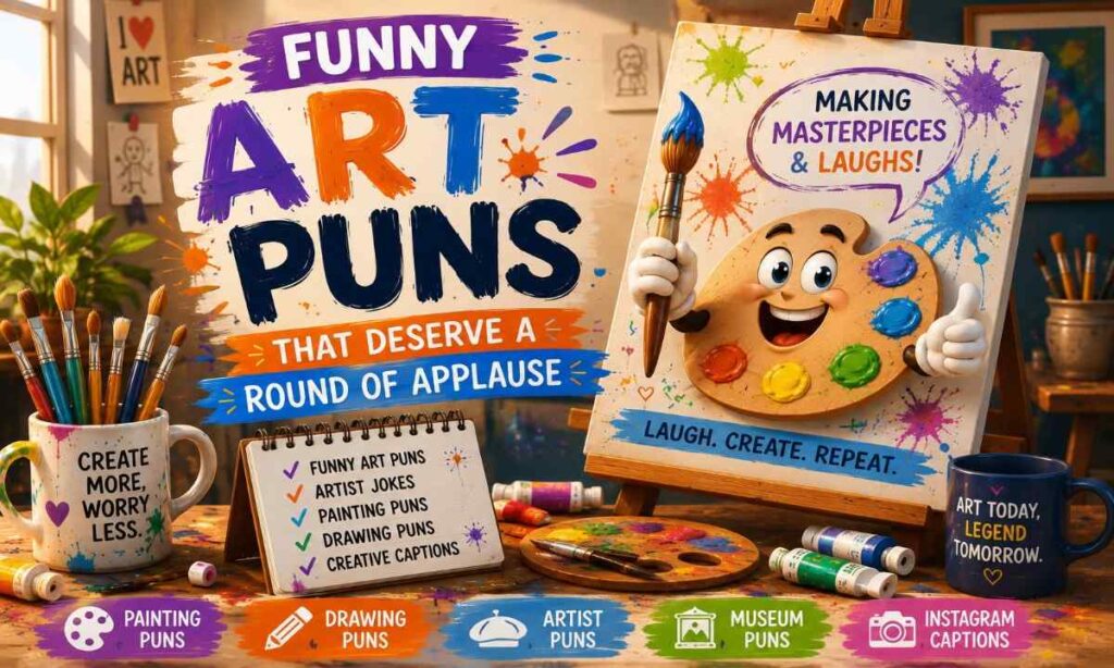 Funny cartoon art studio with a smiling paint palette, paintbrush, colorful canvas, and creative art puns illustration.