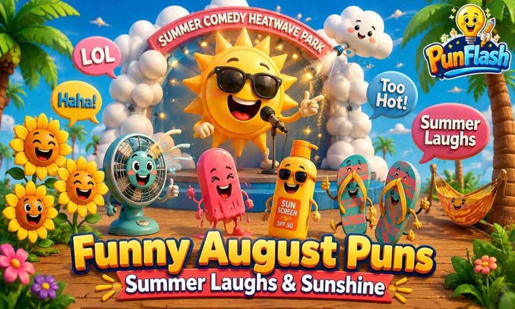 Funny August puns cartoon with a smiling sun, sunflowers, fan, and summer humor.