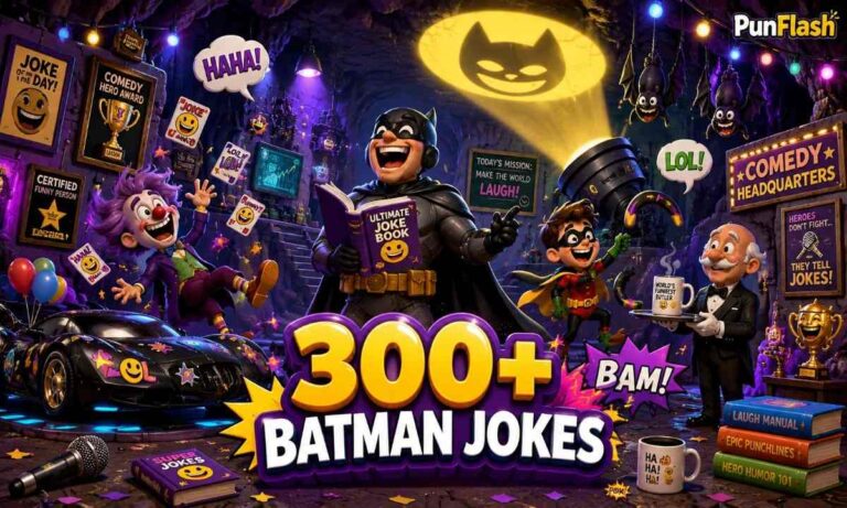 Cartoon superhero comedy cave with funny Batman jokes, clown, sidekick, and laughing bats.