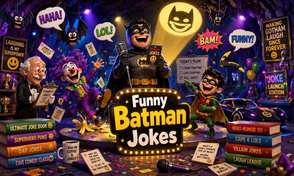 Cartoon superhero telling funny Batman jokes inside a colorful comedy cave.