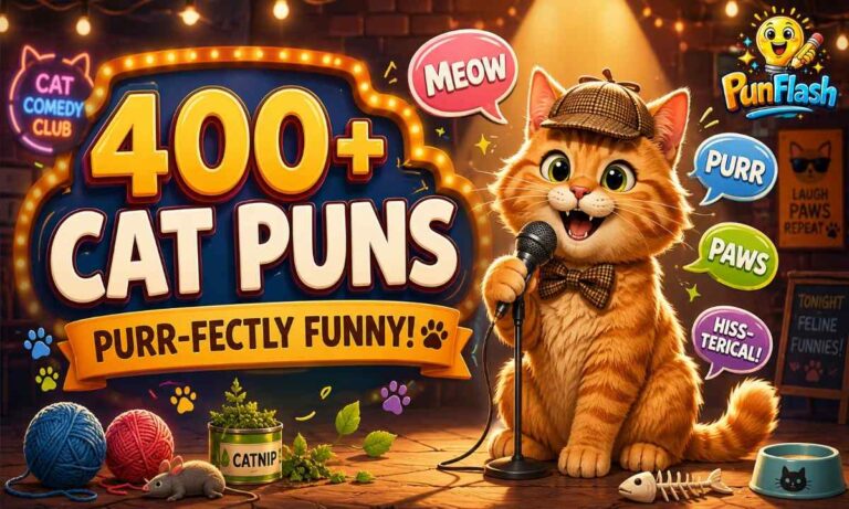 Funny cat puns comedy stage illustration