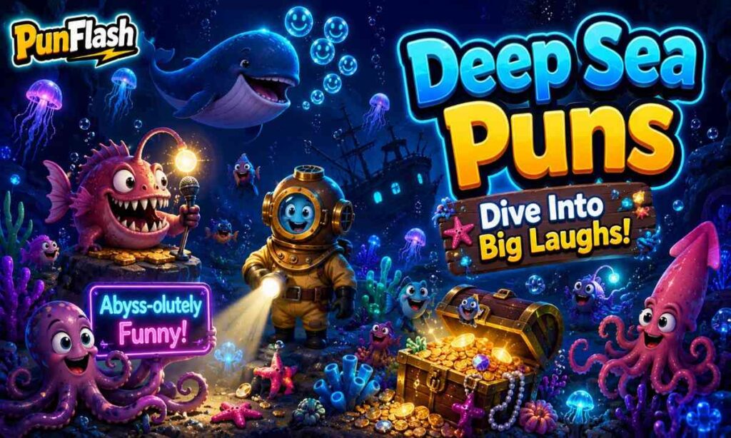 Funny deep sea puns with glowing underwater creatures and ocean humor