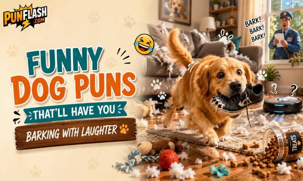 Funny golden retriever creating chaos at home for hilarious dog puns and pet jokes.