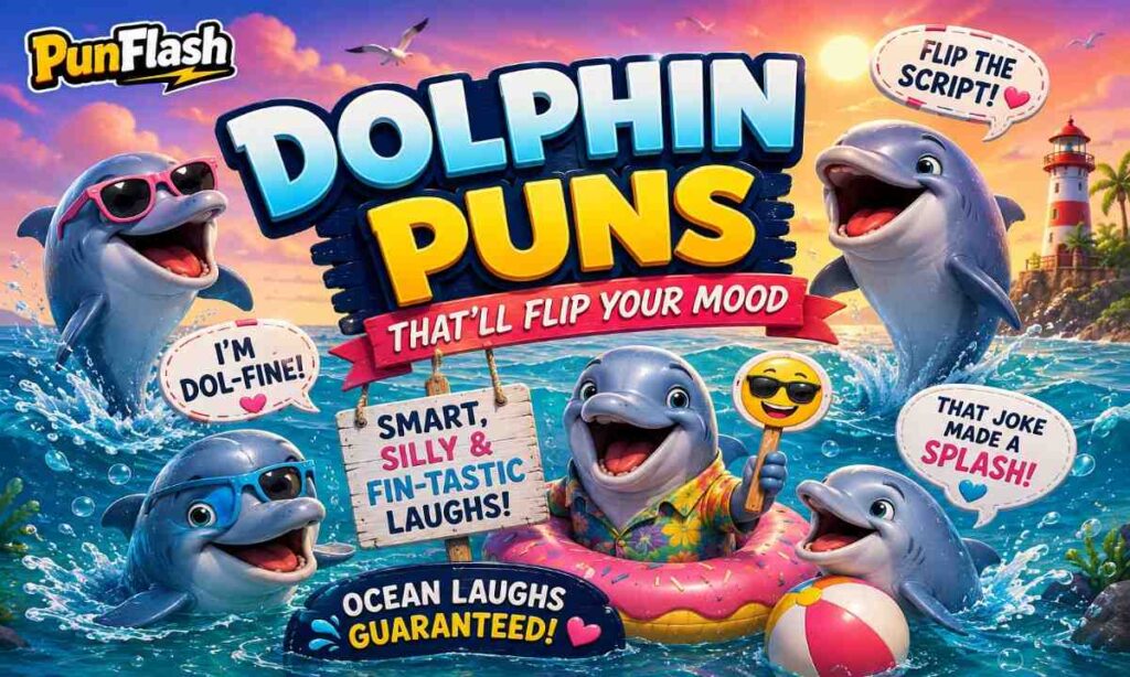 Funny dolphin puns with playful dolphins making waves in the ocean