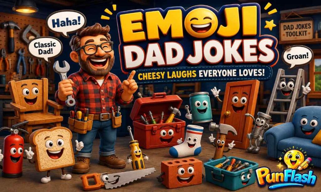 Funny emoji dad jokes with cartoon dad and animated household tools