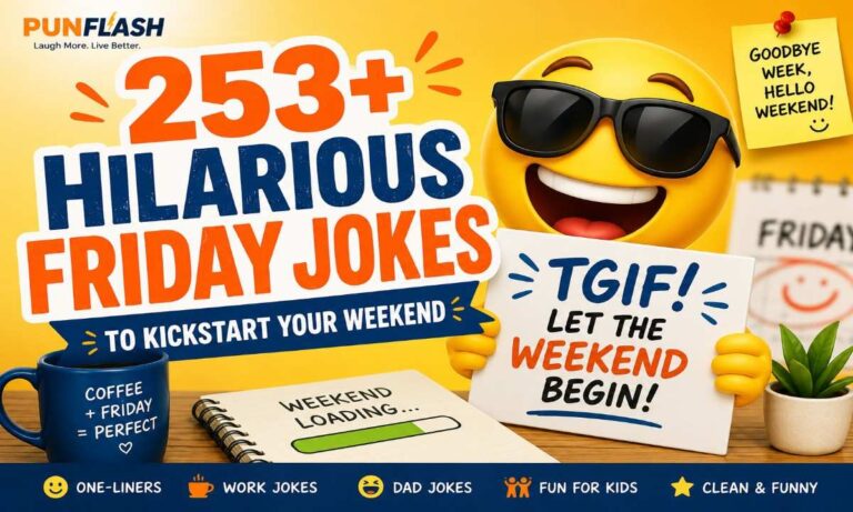 Funny Friday jokes cartoon with TGIF sign, coffee, and weekend celebration.