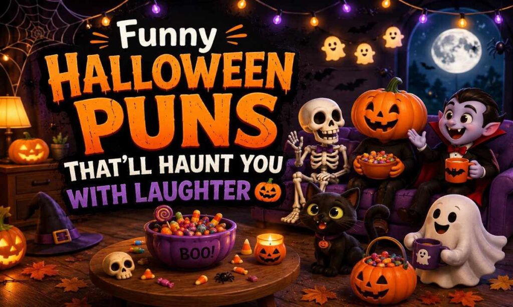 Funny Halloween puns with pumpkin, skeleton, vampire, ghost, and black cat