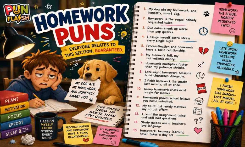 Funny homework puns with student, notebook, and school supplies