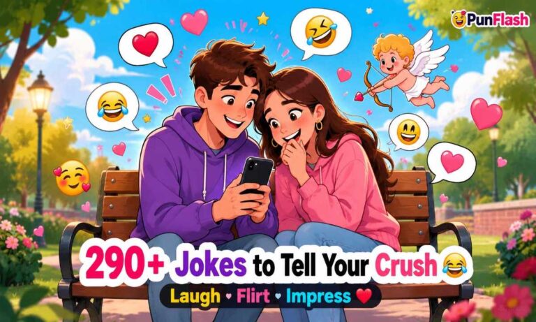 Cartoon illustration of two teenagers laughing together while reading funny jokes on a smartphone in a park.