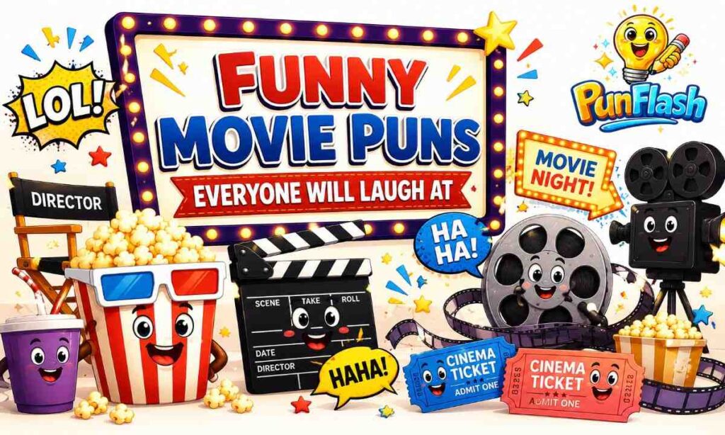 Funny movie puns cartoon with popcorn, projector, film reel, and cinema tickets