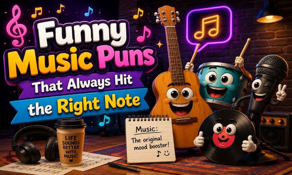 Funny music puns with cartoon band