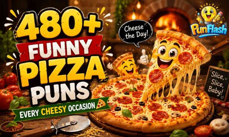 Funny cartoon pepperoni pizza with melted cheese and pizza puns featured image.