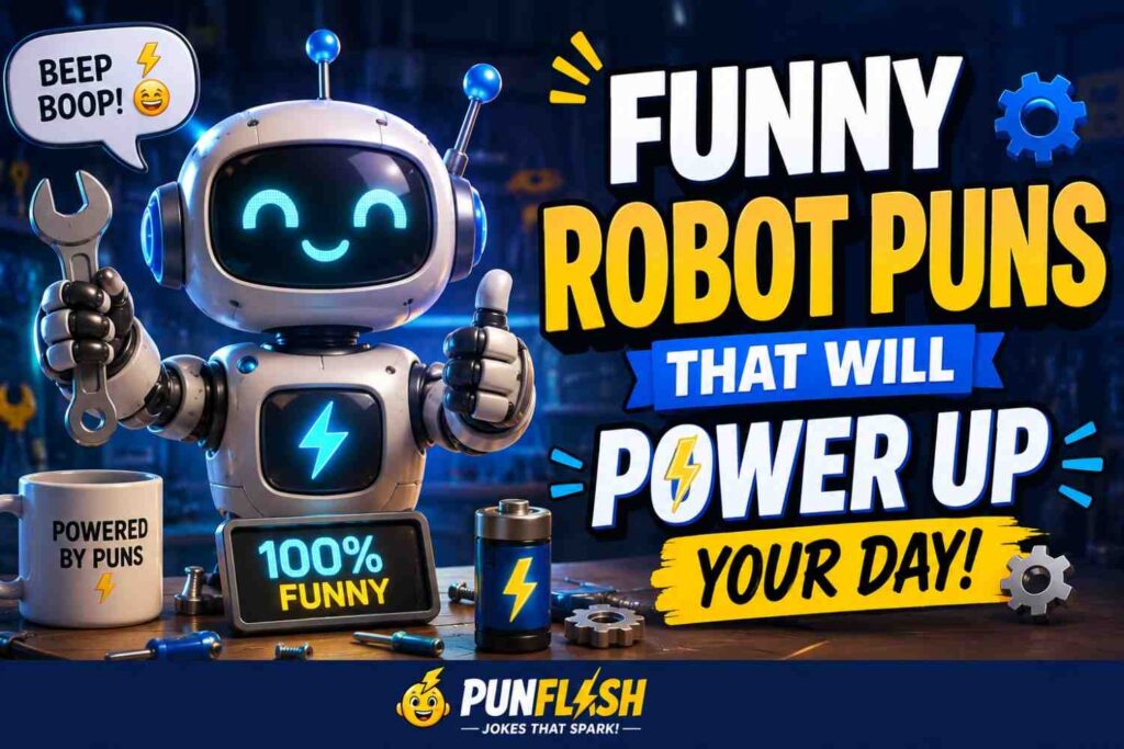 Cute robot powering up with funny robot puns