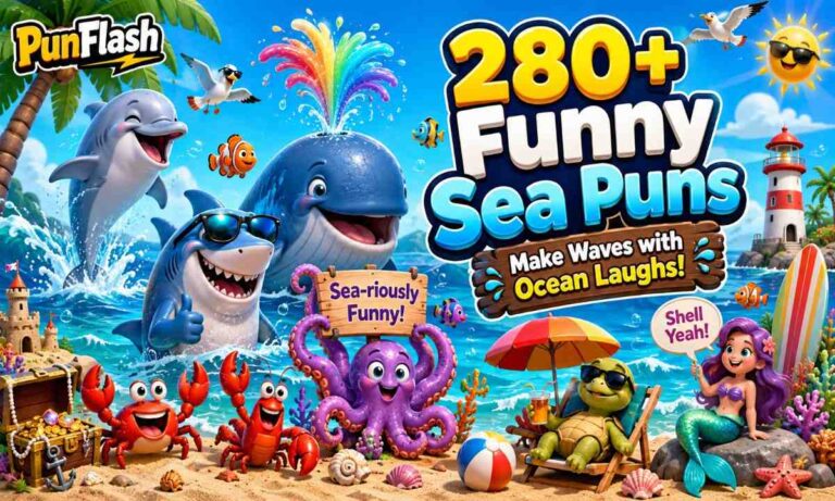 Funny sea puns featuring ocean animals and beach humor illustration