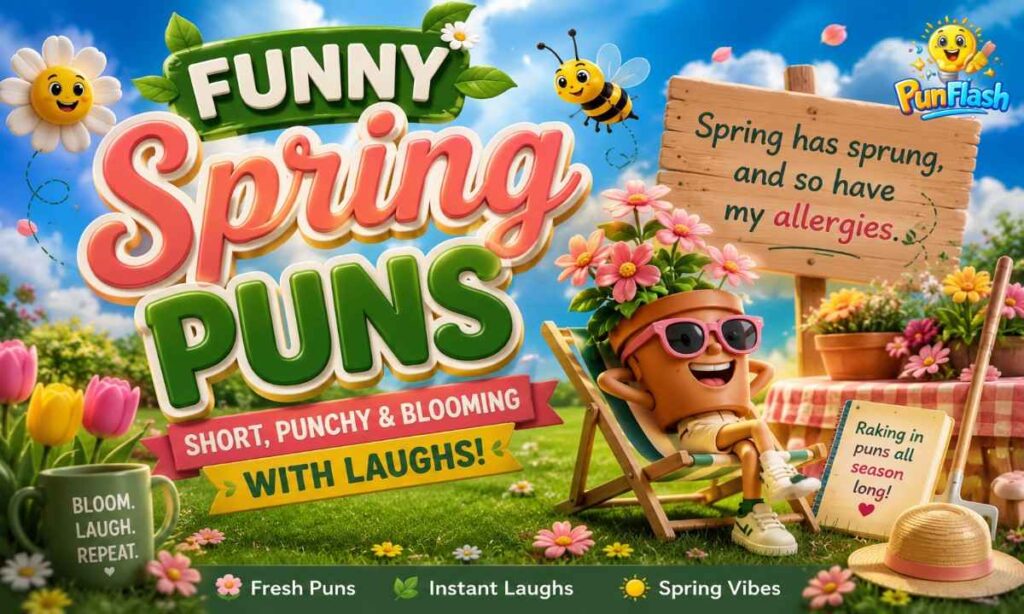 Funny spring puns cartoon garden illustration