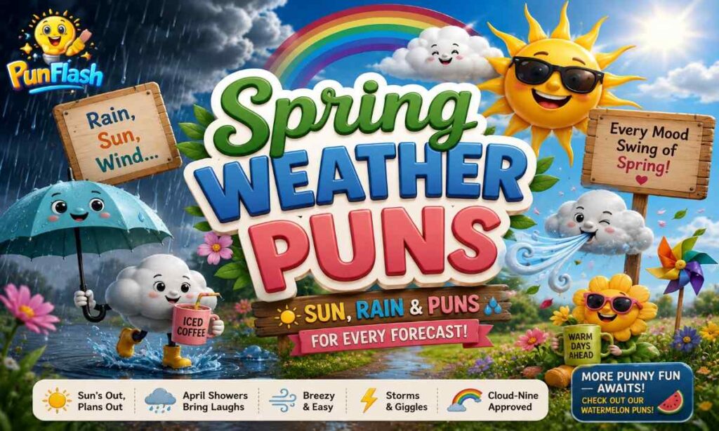 Funny spring weather puns cartoon illustration