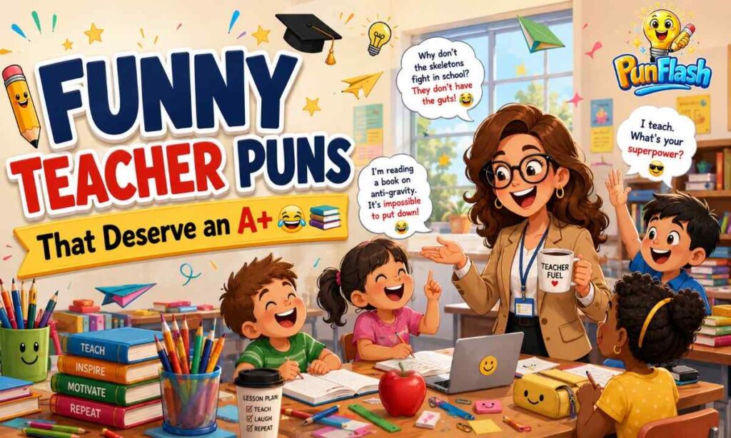 Funny teacher puns classroom illustration