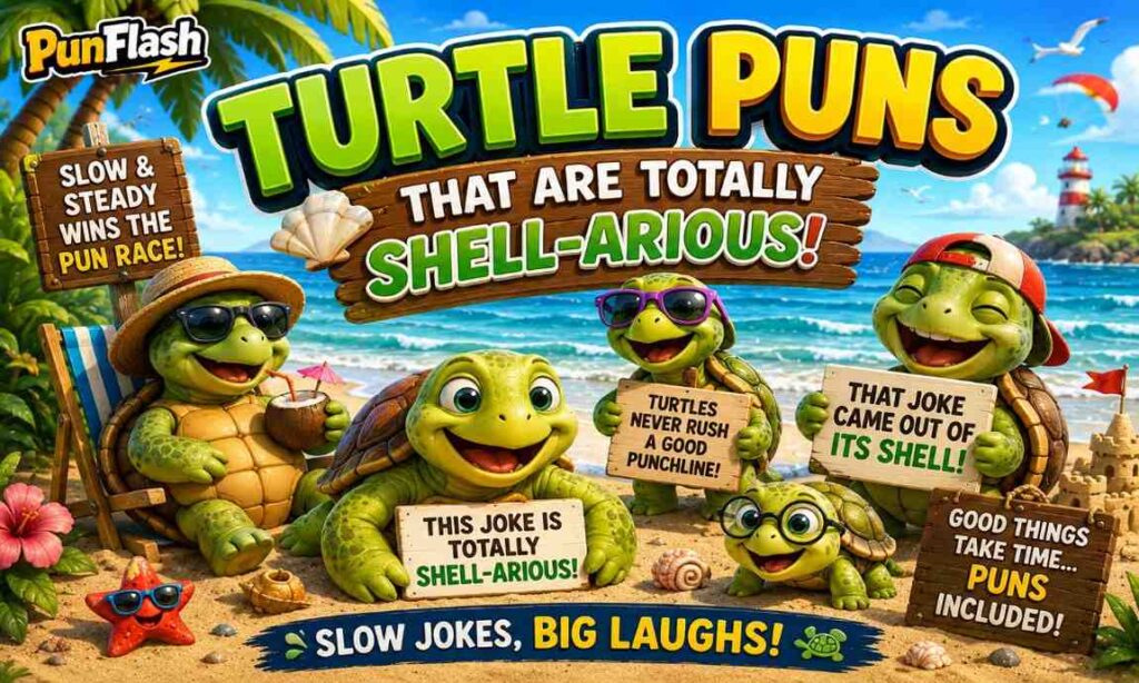 Funny turtle puns with cute turtles on a sunny beach making everyone smile
